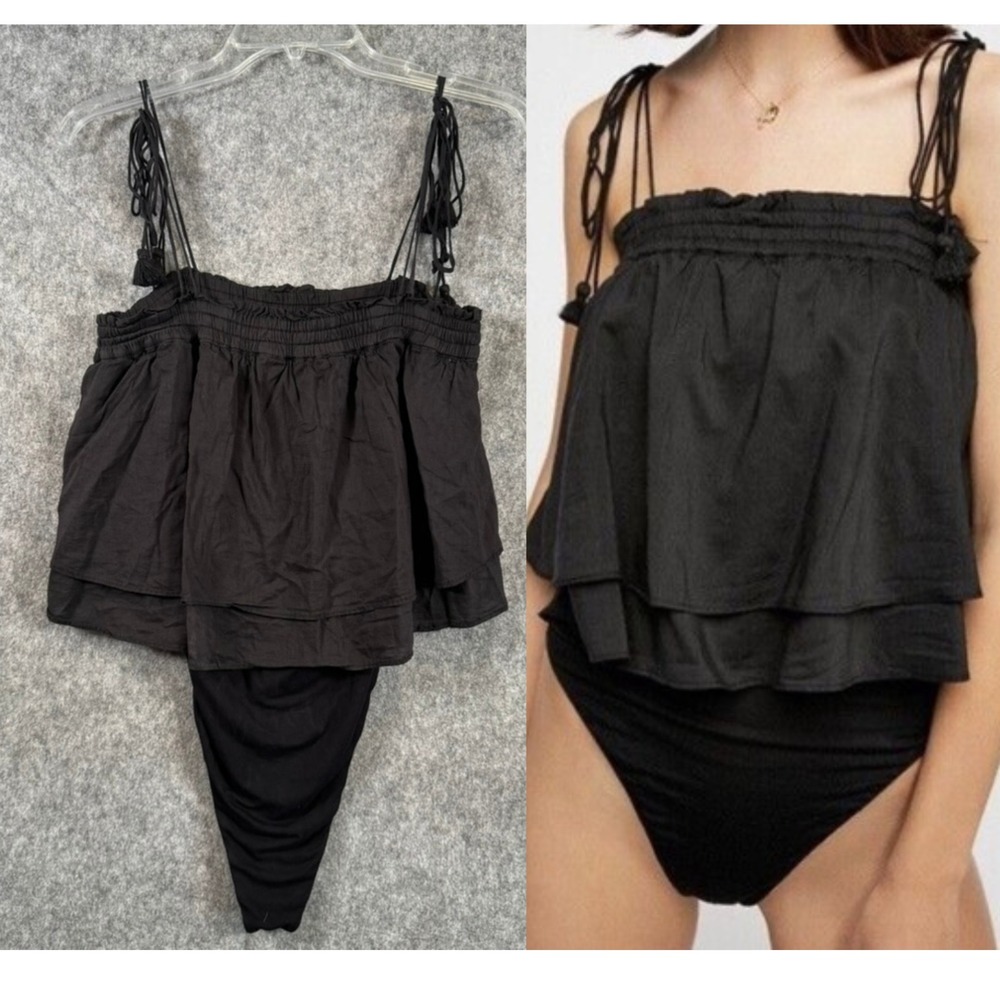 Intimately Free People No Lies Tiered Tassel Tie One Piece Bodysuit Large Black